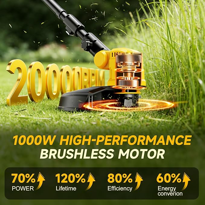 20000RPM Brushless Cordless String Trimmer for Dewalt 20v Battery(Battery Not Included), 3-in-1 Weed Wacker Edger Grass Trimmer with Wheel, Lightweight Weed Eater Battery Powered w/8 Line Spools