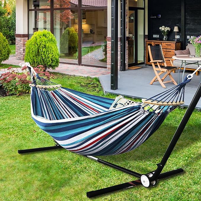 Anyoo Garden Cotton Hammock Comfortable Fabric Hammock with Spreader Bar Sturdy Hammocks Up to 450lbs Portable Lightweight Hammocks with Travel Bag for Camping Outdoor/Indoor Patio Backyard