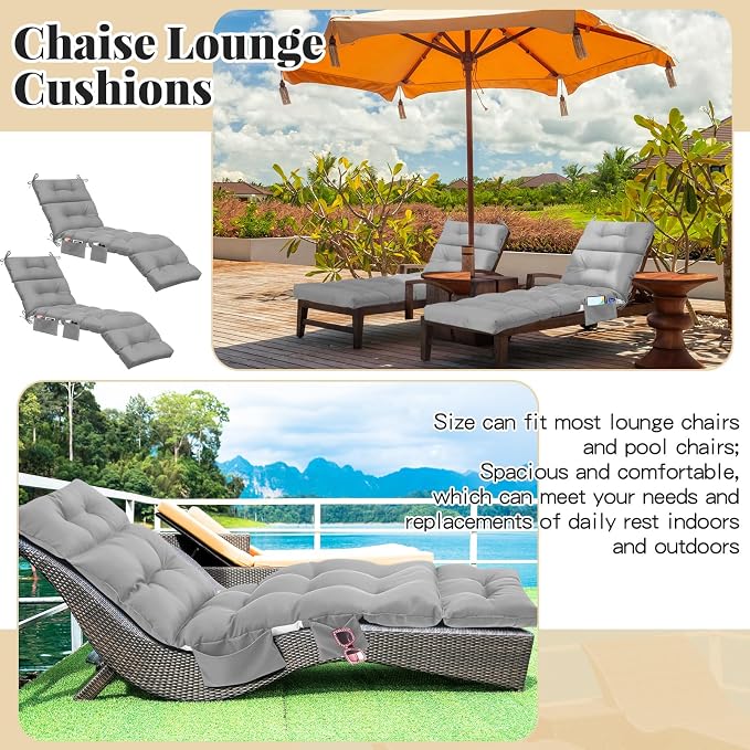 Kigley 2 Pcs Outdoor Chaise Lounge Cushions with 3 Side Pocket 74.5 x 22 x 4.7 Inch Patio Chaise Lounge Cushion, Water-Repellent and Fade-Resistant Tufted Summer Replacement(Light Gray)