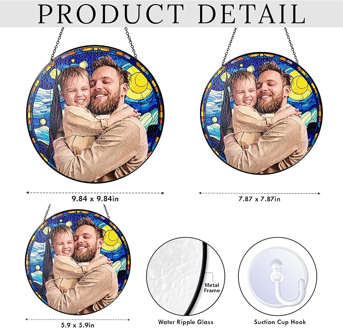 Custom Photo with Fantasy Background, Personalized Stained Glass Window Hanging - Father's Day, Birthday Gift for Dad, Grandpa,Family (Portrait with Background)