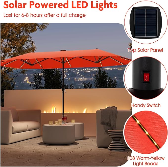 Tangkula 13 FT Solar LED Patio Umbrella, Double-Sided Outdoor Table Market Umbrella with 108 LED Lights, 12 Heavy-Duty Ribs, Crank Handle for Garden Deck Lawn Poolside Beach (Orange)