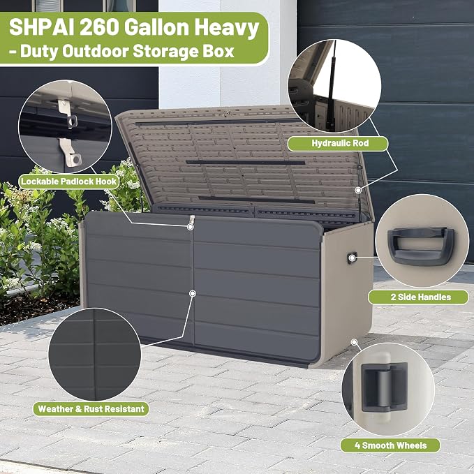 Resin Deck Box 260 Gallons, Extra Large Heavy-Duty Outdoor Storage Box, Lockable & Waterproof Patio Outside Storage Box for Patio Furniture, Garden Tools, Pool Supplies