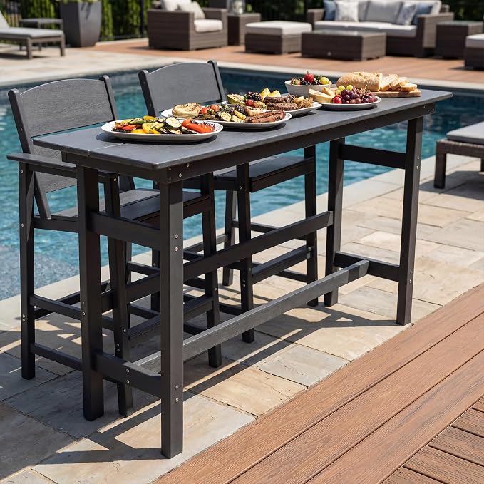 3 Piece Outdoor Bar Height Table and Chairs Set, HDPE Outdoor High Top Table and Chairs with Aluminum Reinforced Tabletop, All Weather Bar Height Patio Set for Deck/Balcony/Backyard, Grey