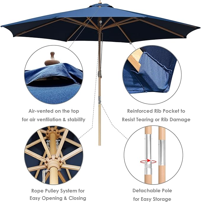 Yescom 13ft Coastal Solid Beech Wood Umbrella Pulley Lift Commercial Base with Wheel Included for Beach Club Seaside Restaurant Terrace Resort Poolside