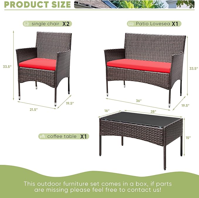 Greesum Patio Furniture 4 Pieces Conversation Sets Outdoor Wicker Rattan Chairs Garden Backyard Balcony Porch Poolside loveseat with Cushion and Glass Table, Brown and Red