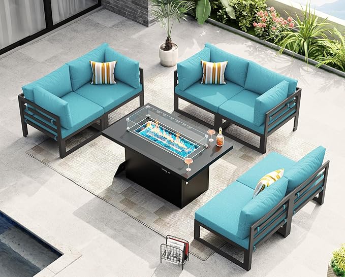 NICESOUL 7 Piece Large Modern Aluminum Outdoor Patio Furniture Set with Fire Pit Table, 29" Wide Deep Seat, Fade Resistant Comfy Sectional Sofa, 500 lbs Sturdy Backyard Conversation Set, Turquoise