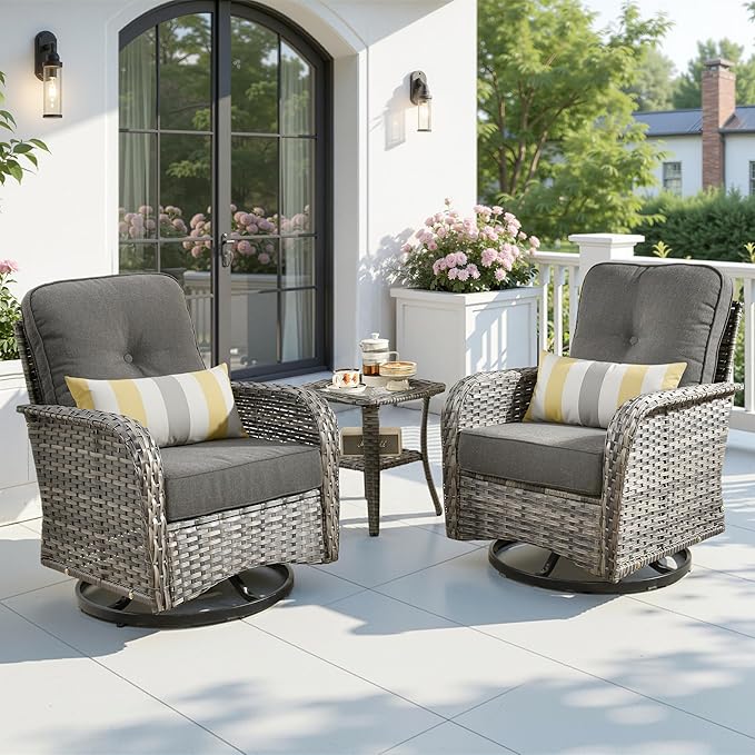 3 Pieces Patio Furniture Set, All-Weather Rattan Wicker Outdoor Furniture with Swivel Rocking Chairs and Side Table, High Back Conversation Set for Porch, Backyard, Balcony, Black