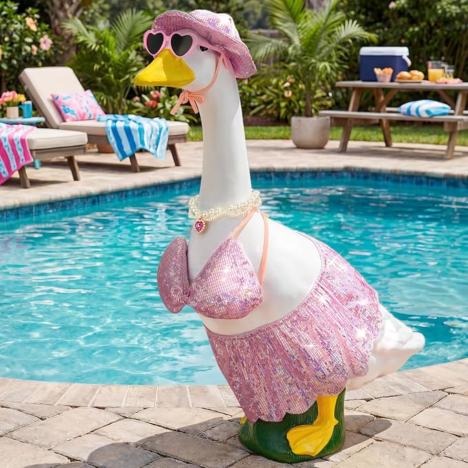 Pink Bikini Goose Clothes Set with Sunglasses Necklace Hat, Pink Sequin Swimming Suits Porch Goose Outfits for 23 Inch Goose Statue, Summer Pool Party Garden Decor (Pink)