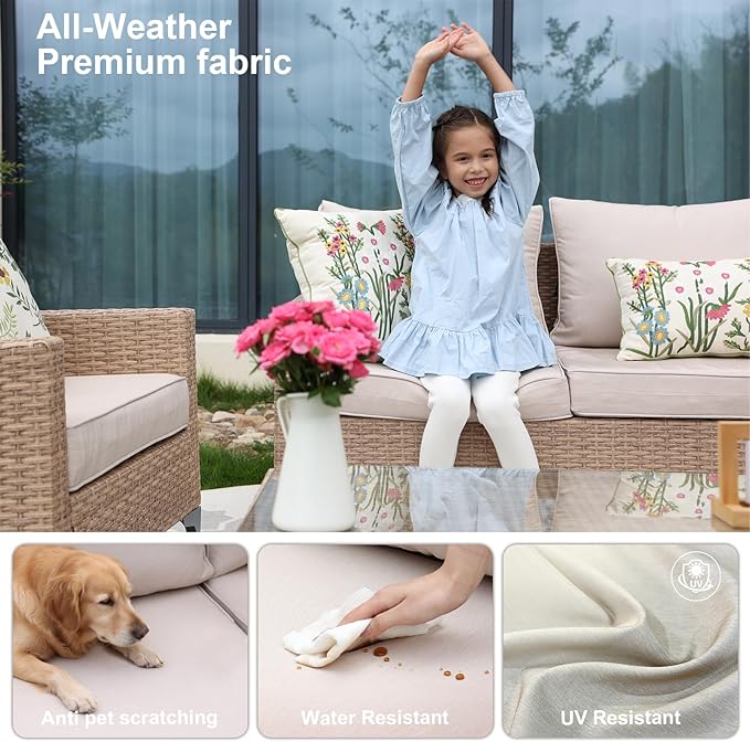 2 Pieces Patio Furniture Set,All Weather Rattan Loveseat with Tempered Glass Table for Porch,Deck,Backyard,Beige