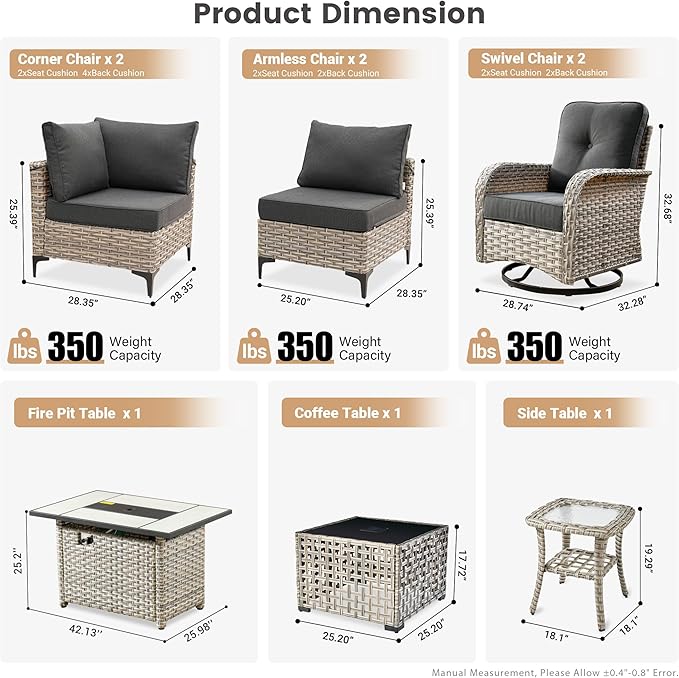 Outdoor Patio Furniture Sets,9 PCS Patio Conversation Set Outside Rattan Sectional Sofa with 42 in Square Fire Pit Table Wicker Rocking Chair Coffee Table Fit Backyard Garden Poolside Balcony