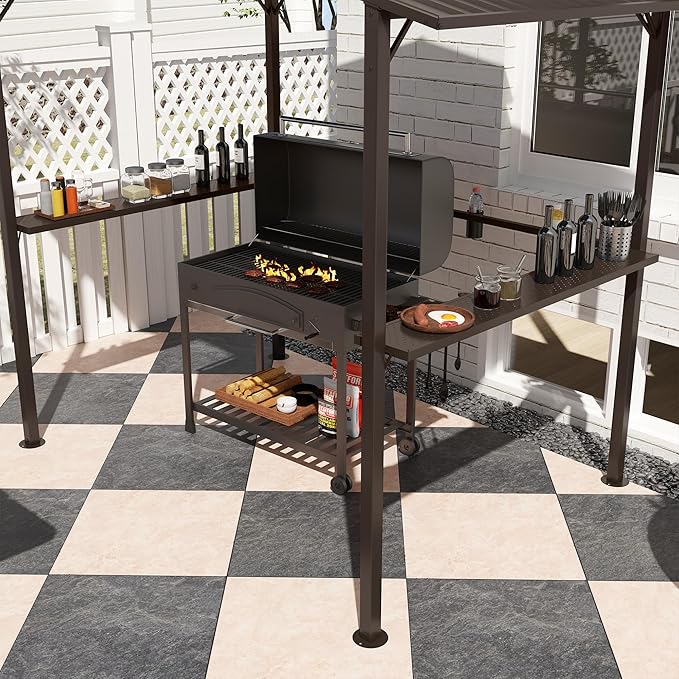 Outsunny 8' x 5' Hardtop Grill Gazebo with Double Metal Roof, 2 Side Shelves and 4 Cup Holders, Outdoor BBQ Gazebo, Grill Canopy for Patio Backyard Lawn Deck