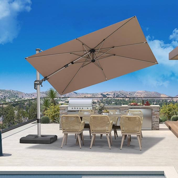 PURPLE LEAF 10' X 6.5' Left-right Tilting Patio Umbrella Outdoor Swivel Cantilever Umbrella Aluminum Offset Umbrella with Champagne Frame and 360-degree Rotation for Garden Deck Pool, Taupe