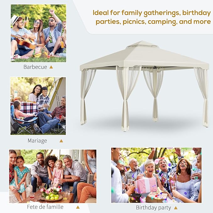 Outsunny 9.6' x 9.6' Patio Gazebo, Outdoor Canopy Shelter with 2-Tier Roof and Netting, Steel Frame for Garden, Lawn, Backyard, and Deck, Cream White