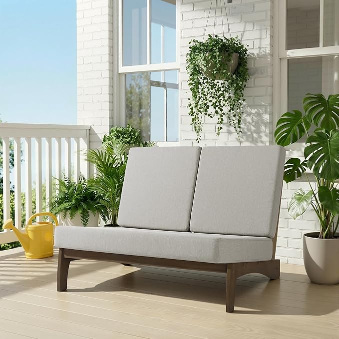 UIXE 2 Pieces All Weather Wood Patio Furniture Sets, Patio Loveseat Outdoor Sofa with Solid Wooden Coffee Table - Light Camel