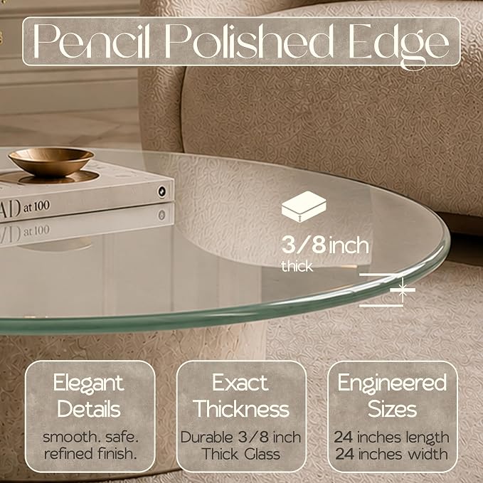 24-inch Round 3/8" Thick Pencil Polished Edge Glass Table Top with 6 Bumpers - Tempered, Scratch Resistant & Safety Replacement Glass Designed for Dining, Coffee, Patio & End Tables