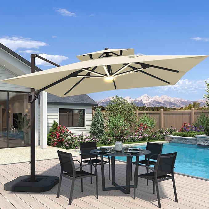 10x10 FT Cantilever Patio Umbrella with Led Lights Double Top Outdoor Square Large Heavy Duty Aluminum Offset Umbrellas with 7 Level Tilt 360-degree Rotation for Pool Garden Deck, Beige