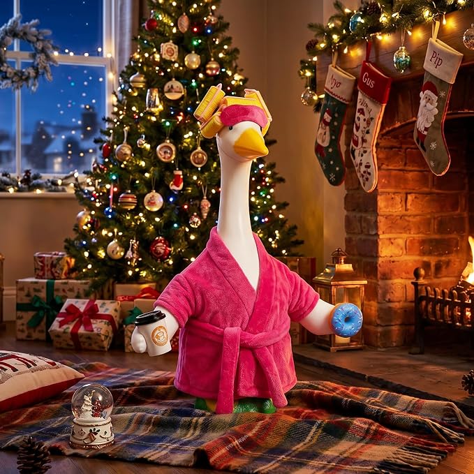 Lady Porch Goose Outfits, Spring Summer Porch Goose Clothes for 23 inch Goose Statue, Bathrobe Goose Costume with Curlers, Sleep Mask, Coffee, Donut for Lawn, Yard, Garden, Outdoor Patio, Home Decor
