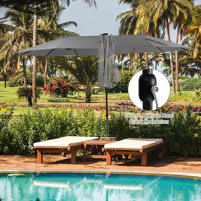Giantex 15 FT Double Patio Umbrellas with 48 Solar LED Lights, Auto-Charging Panel, Crank System, Outdoor Extra-Large Rectangle Market Table Umbrella for Garden Deck Backyard Beach Pool