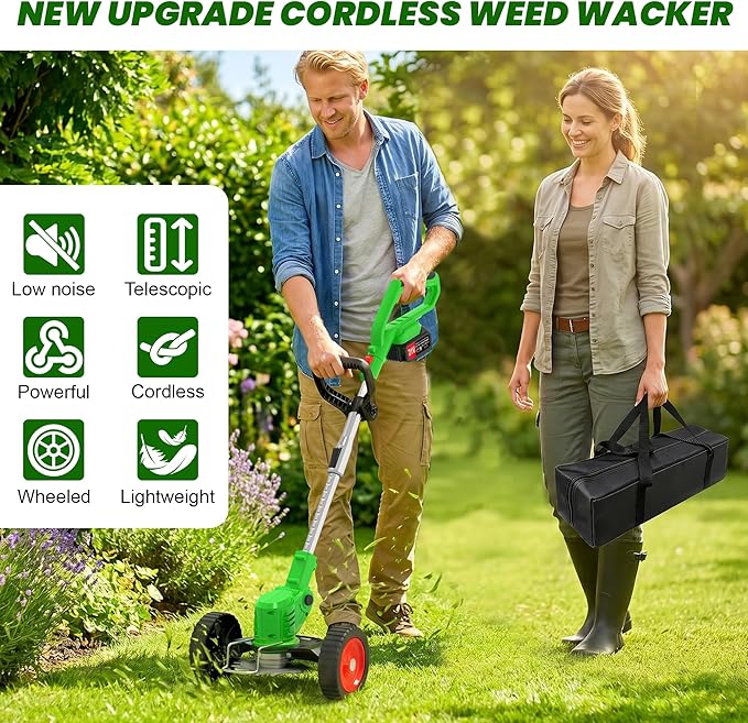 Cordless Weed Wacker Electric Eater Battery Powered, 3 in 1 Lightweight Portable Stringless Weed Trimmer 21V x 2 Battery Operated, Grass Trimmer/Brush Cutter/Lawn Edger with Wheels for Garden Yard