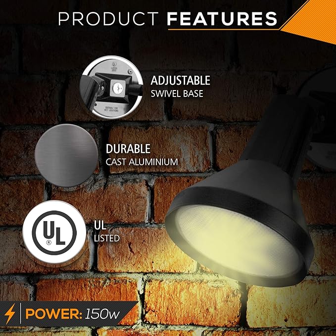 Ciata 15" Outdoor Security Flood Light 1 Head with Heavy Duty Cast Aluminum Body 150W PAR38 Weather Proof Black Finish