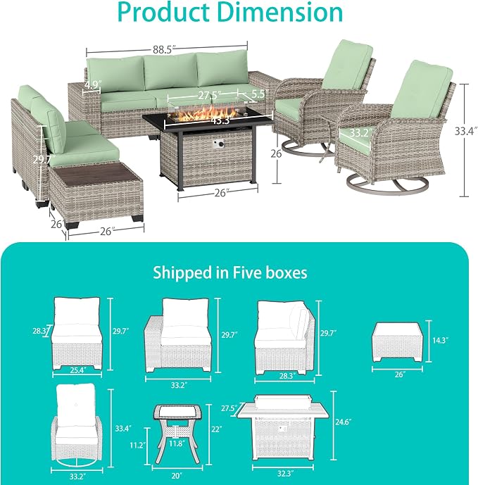 10-Piece Outdoor Patio Furniture Set with Rocking Swivel Chair, PE Wicker Rattan Sectional Sofa Patio Conversation Set with 55,000 BTU Fire Pit Table & Chunky Arms, Light Green
