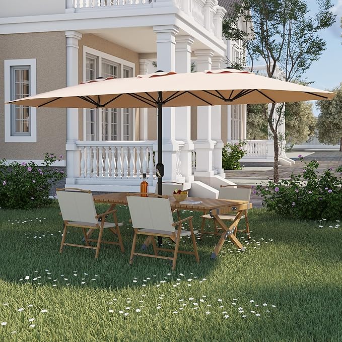 13FT Patio Umbrella, Outdoor Double-Sided Rectangle Market Umbrella with Crank Handle for Pool, Lawn, Garden, Backyard, Beige