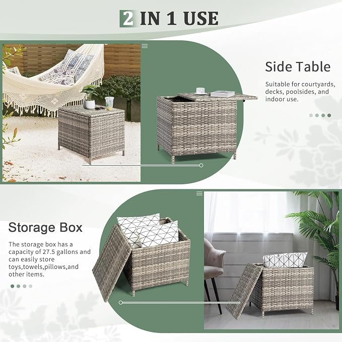 HOMSUPPLIE'S 27 Gallon Outdoor Side Table with Storage Space, Waterproof Wicker Patio Deck Box, Rattan End Table with Hidden Storage for Pool Towels, Toys & Garden Tools(Grey,Square)