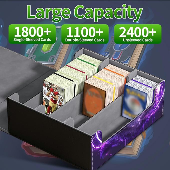 Large Card Deck Box for MTG, Fits 1200+ Sleeved Cards, PU Leather Storage Case with Strong Magnetic Closure, Multiple Colors for TCG CCG Baseball Card Collections, Cool Wolf Purple
