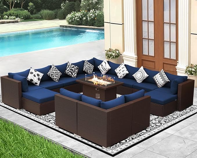 NICESOUL 15 Piece Outdoor Sectional with Fire Pit Table, Modern Luxury Patio Deep Seating w/Firepit, 29.3'' High-Back Wicker Couch Thick, Big High-Weight Capacity Sofa for Garden, Yard, Brown & Blue