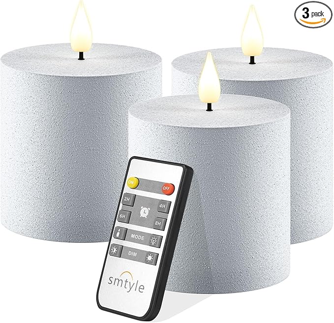 smtyle Silver Flameless LED Candles with Remote, 3"x3" Plastic Pillar Candles, Realistic Flickering Battery Operated Set of 3, Timer Function for Home, Wedding, Party, Holiday Decor