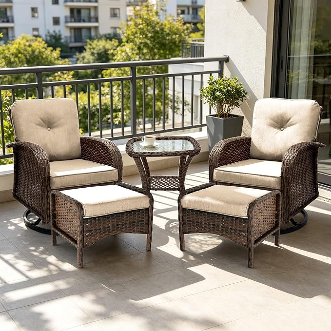 All Weather Patio Furniture Set, High Back Swivel Rocker Glider Chairs，Ottomans & Glass Tables, Outdoor Conversation Set for Deck Porch Yard Poolside (Brown, 5PCS-Swivle Chairs&Ottomans&Table)