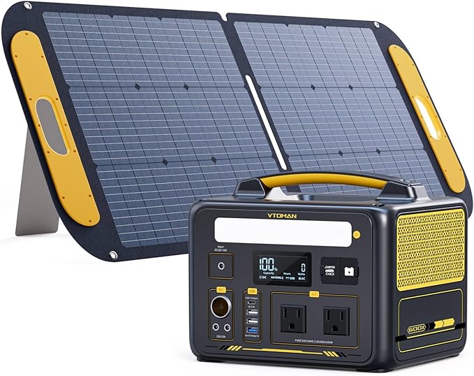 VTOMAN Jump 600X Portable Power Station with 110W Solar Panel, 600W/299Wh LiFePO4 Battery Solar Generator, 1200W AC Outlet, PD 60W USB-C, 3x Regulated 12V/10A DC for RV, Outdoor Camping, Home Backup