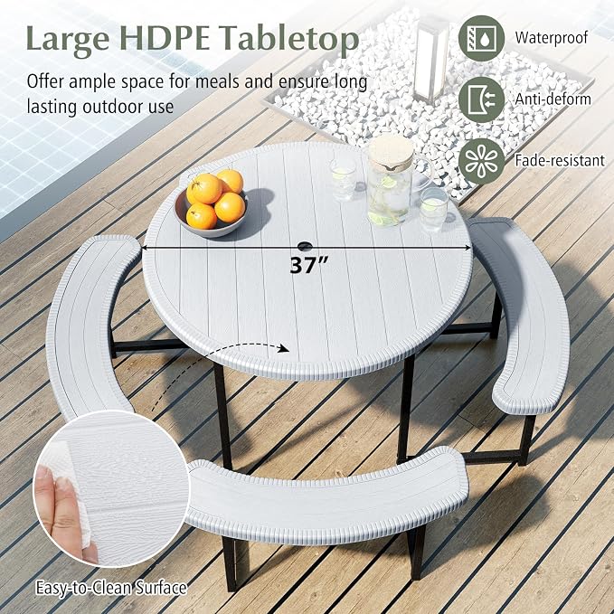 LDAILY Picnic Tables with Benches, Round Picnic Dining Table with 1520 lbs Capacity Metal Frame, HDPE Tabletop & Umbrella Hole, 8-Person Plastic Picnic Tables for Outdoors, Patio, Lawn, Yard (White)