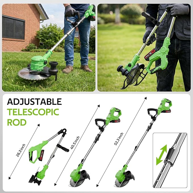 Cordless Weed Wacker, 21V Lightweight Electric Trimmer Battery Powered (Includes 2 x 21V Batteries & Charger) Grass Trimmer/Brush Cutter/Lawn Edger Featuring for Yard Garden Lawn Care