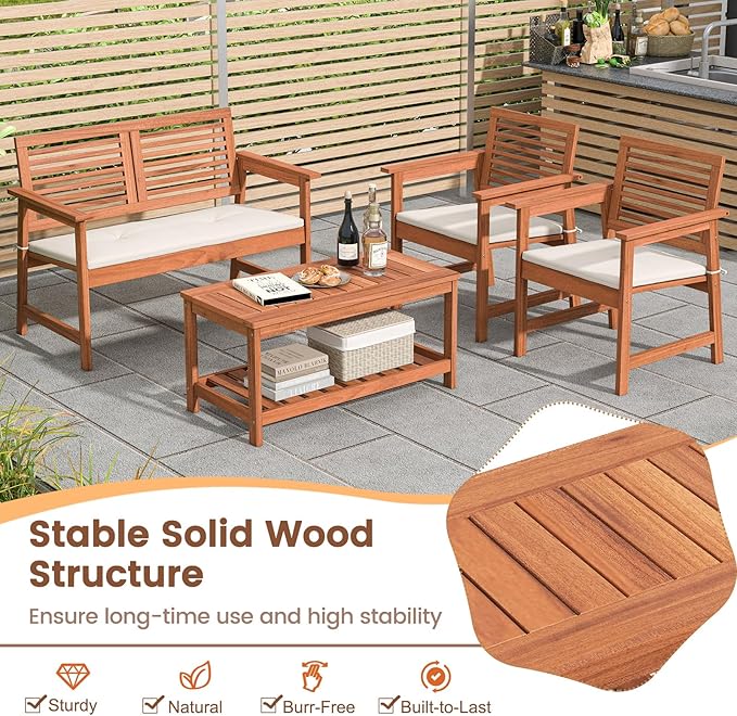 Tangkula 4 Piece Patio Conversation Set, Wood Sofa Set with Soft Seat Cushions, 2-Tier Rectangle Coffee Table, Outdoor Solid Wood Furniture Set for Poolside, Yard, Porch