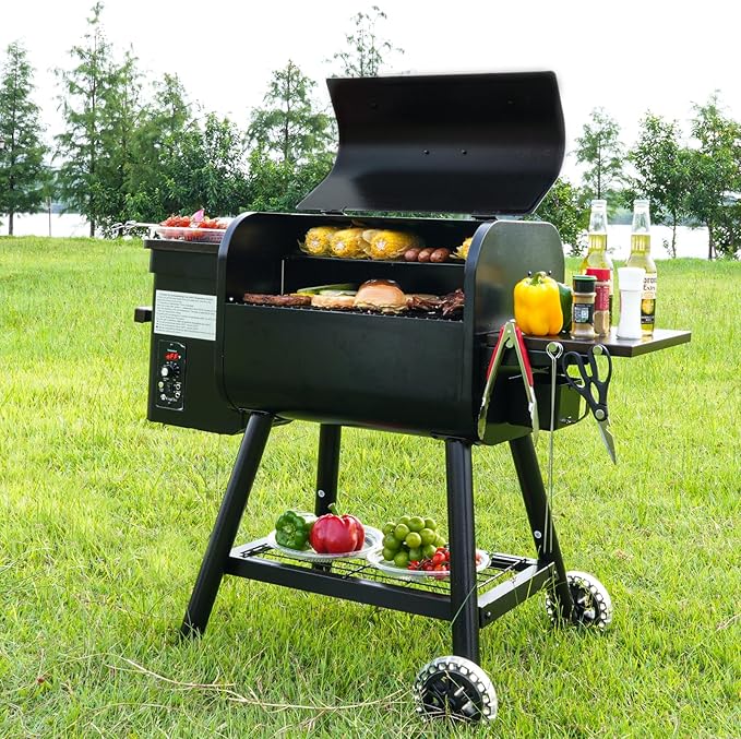 KingChii Electric Wood Pellet Grill & Smoker with Side Shelf, 456 SQ.IN Grill Capacity, 18LB Hopper, with PID Temperature Control (180-425°F) for Backyard Camping Bake and Roast, Black