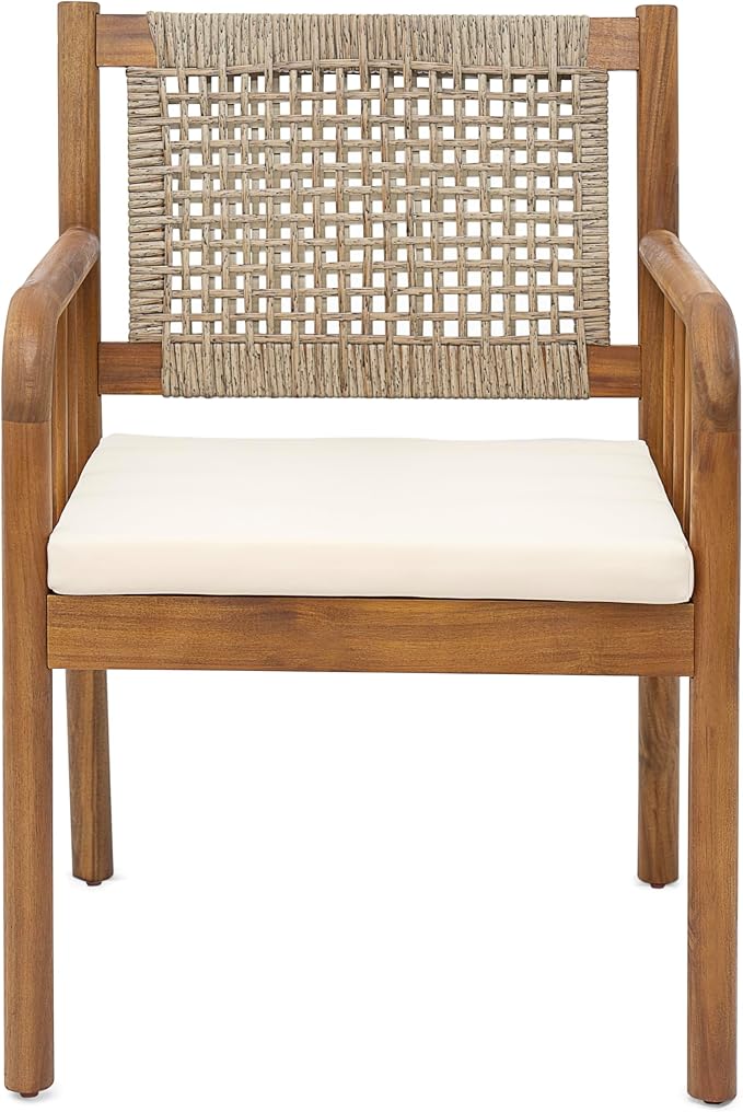 Christopher Knight Home Vera Acacia Wood Outdoor Dining Set for 6, 7 Piece Patio Dining Table and Chair Set, Wooden Outdoor Dining Armchair and Table Set, Teak+Cream