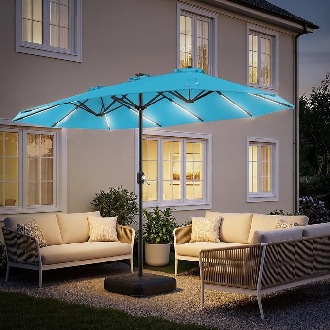 HOMSHADE 15FT Double Sided Umbrella with Light Bar and Base, Rectangle Oversized Patio Umbrellas, Extra Large Outdoor Table Umbrella for Pool, Patio, Garden (Light Blue)