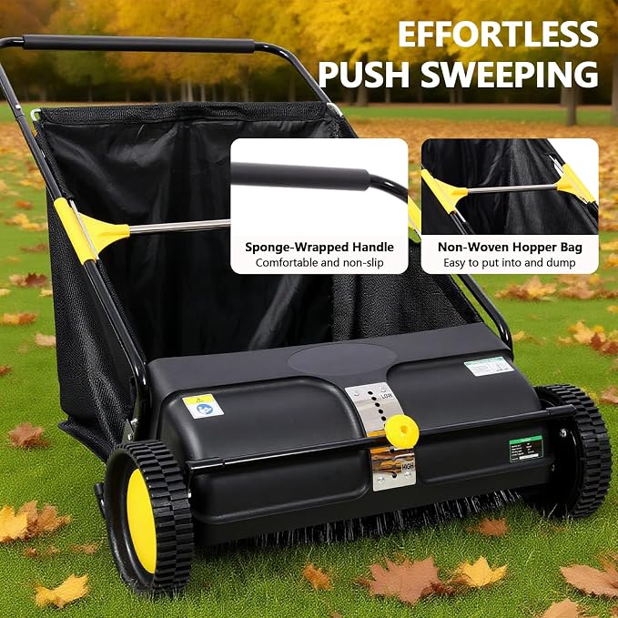 2026 Upgraded 26 Inch Push Lawn Sweeper | 4 Spinning Brushes & Adjustable Height for Deep Cleaning | Large 3.5 cu ft Bag for Leaves, Grass, Debris on Lawns & Driveways (26 Inch,Black)
