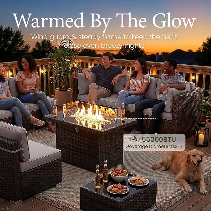 LayinSun 8 Pieces Outdoor Patio Furniture Set with 44" Fire Pit Table Brown Rattan Sectional Sofa Conversation Sets