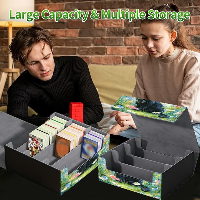 Large Card Deck Box for MTG, Fits 1200+ Sleeved Cards, PU Leather Storage Case with Strong Magnetic Closure, Multiple Colors Available for TCG CCG Baseball Card Collections, Lawn Black Cat
