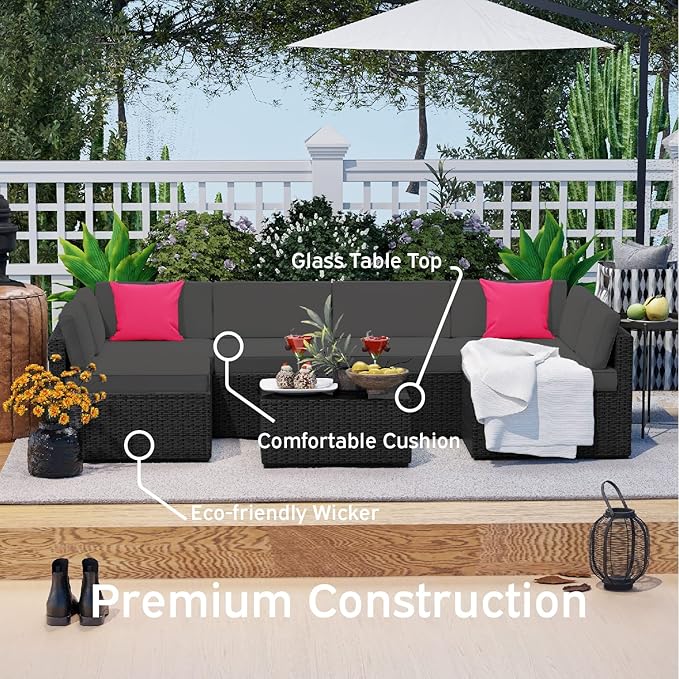 Nestl Outdoor Patio Furniture Sectional, Black Base/Charcoal Grey Cushions