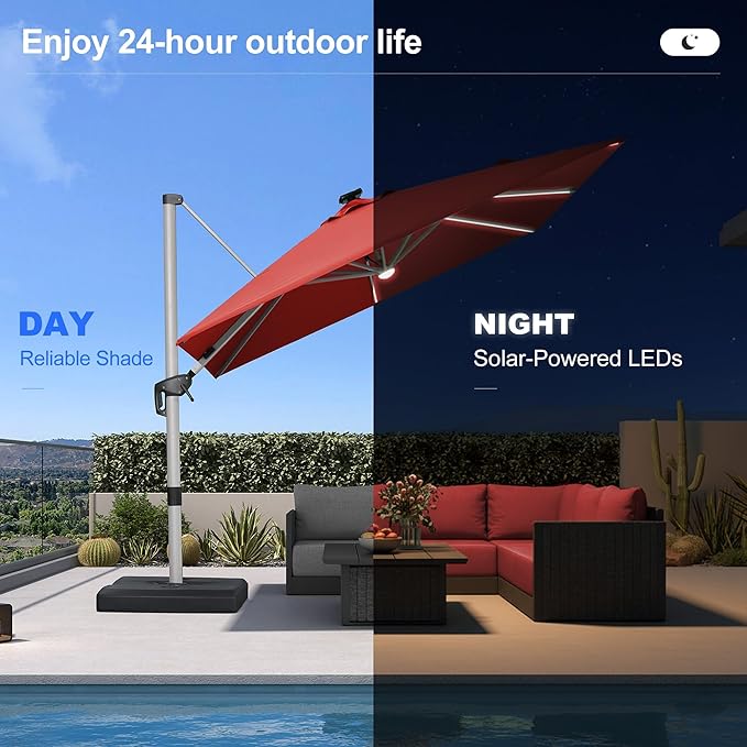 PURPLE LEAF Patio Umbrella with base 9 Feet Outdoor Square Cantilever Umbrella Solar Powered LED with 360-degree Rotation for Garden Deck Pool Patio, Brick Red