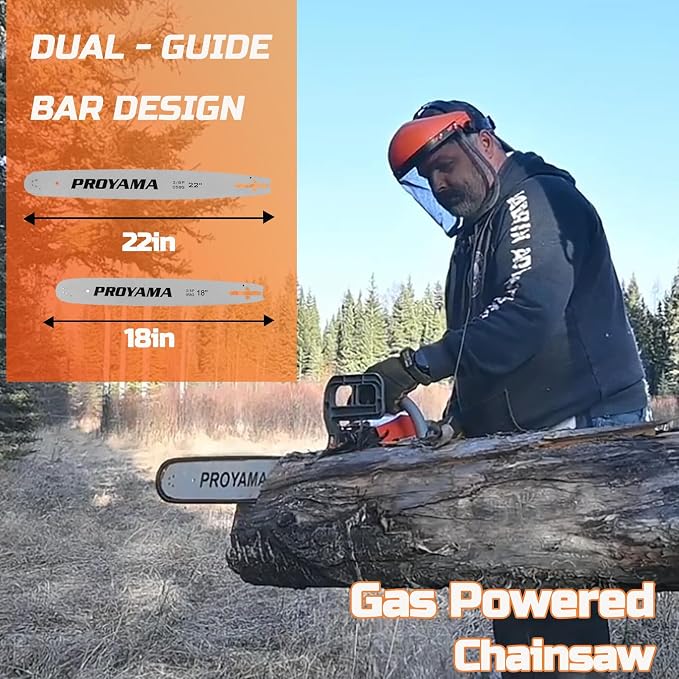 PROYAMA 62CC 2-Cycle Gas Powered Chainsaw, 22 Inch 18 Inch Handheld Cordless Petrol Chain Saw for Tree Wood Cutting