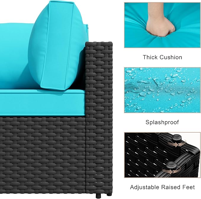 JAMFLY 7-Piece Outdoor Patio Furniture Set, Modular PE Rattan Sectional Sofa with Thick Cushions & Glass Coffee Table, Weather-Resistant Wicker Conversation Set for Poolside, Balcony, Garden, Blue