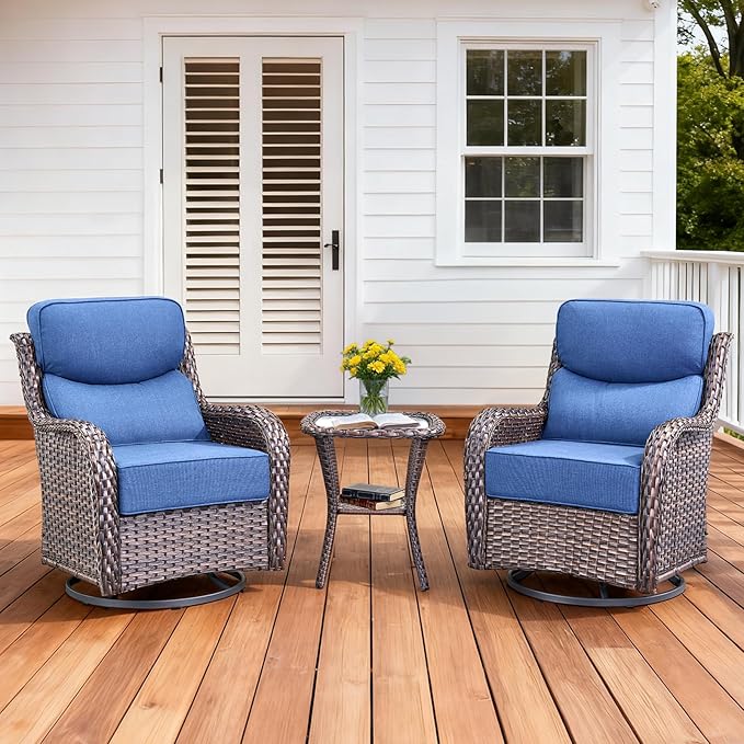 Luxury Outdoor Swivel Rocker Patio Chairs Set of 3, High Back Swivel Patio Chairs with Side Table & 6-Inch Thick Cushions, Wicker Outdoor Bistro Set for Porch, Yard, Deck, Poolside, Brown/Blue