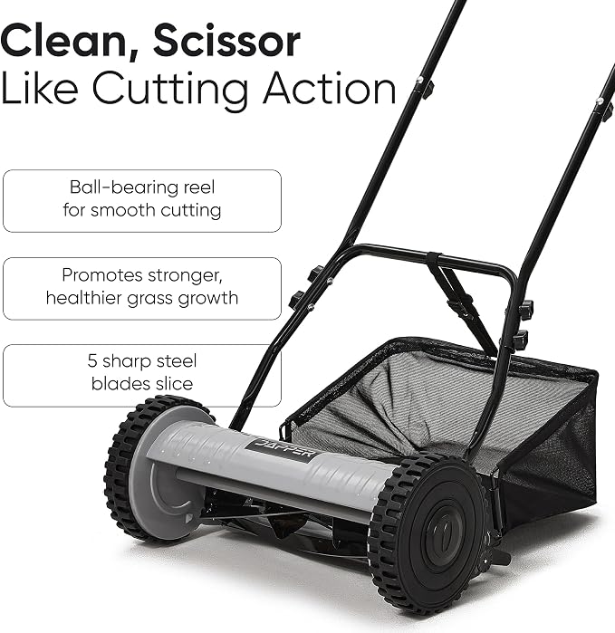 16" Push Reel Lawn Mower with Grass Catcher – Manual 5-Blade Hand Mower, Adjustable 3-Position Cutting Height (0.5"–1.75"), Lightweight & Eco-Friendly – 1-Year Warranty