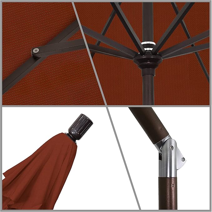 California Umbrella 9' Round Aluminum Market Umbrella, Crank Lift, Collar Tilt, Bronze Pole, Terracotta Olefin