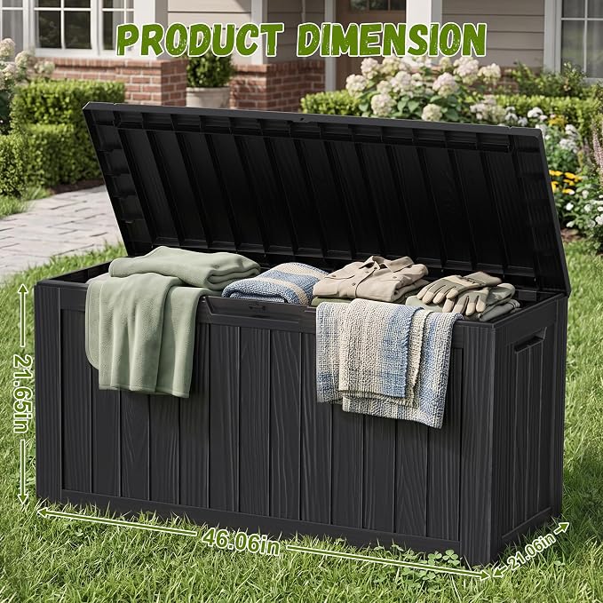 ROJIK 95 Gallon Outdoor Storage Box Waterproof,Weatherproof Deck Boxes Outdoor Lockable,Resin Outside Storage Box for Garden Tools,Cushions,Pool Accessories(Black)