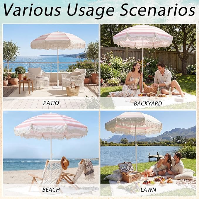 Boho Fringe Beach Umbrella with Extra Large Picnic Blanket Set, 6.5Ft UPF50+ Tassel Ruffles Umbrella 71"x 91" Picnic Blanket for Beach Wedding Bridal Shower Birthday Party Patio Lawn